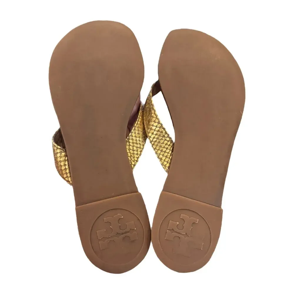 Tory Burch Thora 2 Metallic Tumbled Snake Print Gold Flip Flops 7